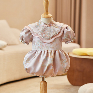 周岁礼服女宝宝中式粉色短袖旗袍婴儿抓周宴国风唐装包屁衣服夏季