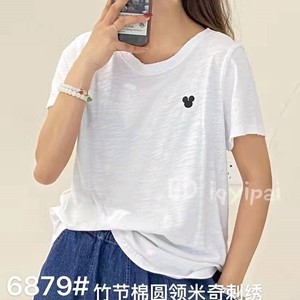 6879韩版竹节棉米奇刺绣短袖T恤女夏装体恤宽松大码白色上衣显瘦
