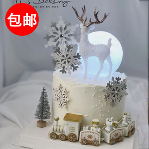 圣诞节蛋糕装饰水晶鹿麋鹿小鹿小火车摆件雪花鸵鸟毛插件网红女神
