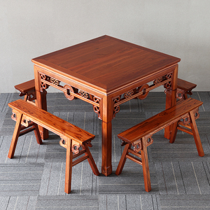 中式八仙桌榆木餐桌椅组合仿古小方桌明清古典酒楼饭店全实木桌椅