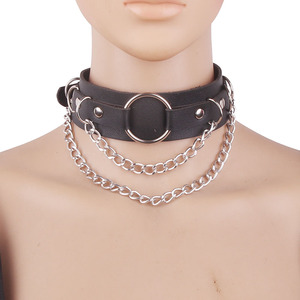 欧美朋克双层皮质金属链条情侣项圈颈链个性圆环锁骨项链饰品