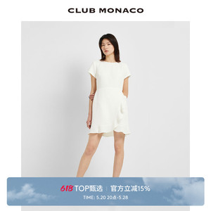 CLUB MONACO女装圆领短袖优雅荷叶边下摆收腰短款连衣裙