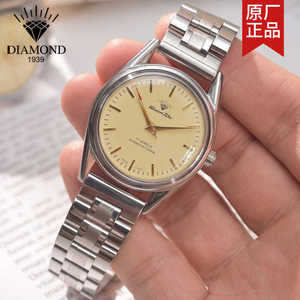 上海钻石牌手动机械表男士复古全新精钢手表黄面中老年机械表