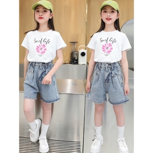 安米莉童装旗舰店丹尼熊童T恤夏款女童套装两件套 韩版洋气中大童