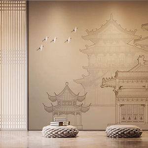 现代新中式线描楼阁雅致禅意风客厅沙发背景墙纸茶室刺绣墙布壁纸