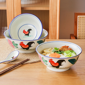 老式鸡公泡面碗家用陶瓷大汤盆碗拉面碗筷套装公鸡面条碗个人专用