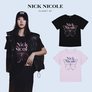 韩国代购正品NICKNICOLE蝴蝶短袖T恤女文佳煐同款宽松潮牌上衣夏