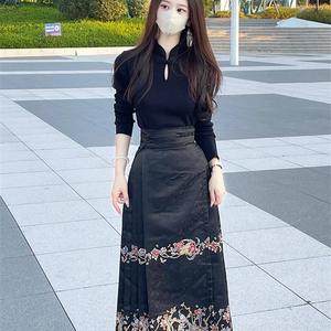 新中式国风女装小个子黑色马面裙上衣搭配套装汉服2024新款春秋款
