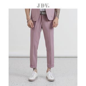 JDV男装春夏商场同款藕粉色宽舒脚口翻边直筒休闲裤长裤西裤