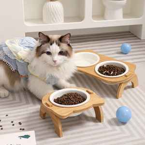 宠物陶瓷食盆创意竹木防侧翻猫猫喝水碗保护颈椎双碗宠物用品