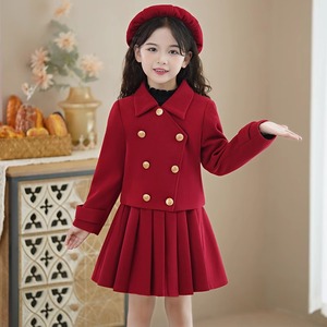 女童红色拜年连衣裙冬季女孩洋气小香风外套儿童毛呢公主裙子套装