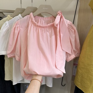 韩系圆领纯色泡泡短袖女2024年夏季新款潮流文艺抽绳绑带套头衬衣