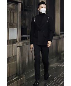 刘大鹏型男穿搭西装外套男士冬季新款双排扣西服黑色个性时尚上衣