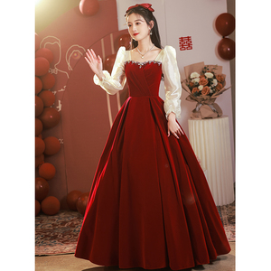 敬酒服新娘平时可穿红色晚礼服长袖法式订婚裙结婚回门小个子高级