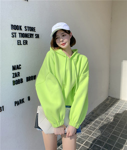 韩国2024新款春秋季小个子外套连帽短款卫衣女加绒荧光绿上衣小众