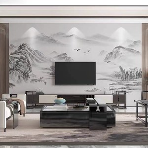 3d现代新中式客厅电视背景墙水墨意境山水壁纸影视墙墙纸自粘贴画