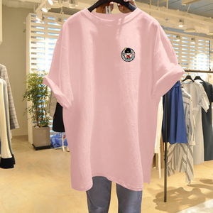 2024夏季新款欧洲站粉色t恤女短袖上衣大码欧货大版中长款纯棉长t