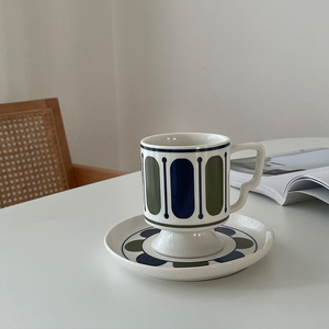 白屿 复古vintage高脚咖啡杯蝴蝶耳把手创意陶瓷杯牛奶早餐杯杯子