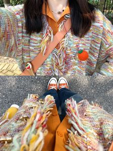 V领针织开衫女秋季新款设计感小众彩虹色流苏慵懒风毛衣外套上衣