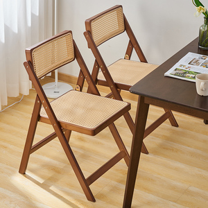 侘寂风藤编椅子家用折叠椅楠竹实木凳子靠背餐椅北欧原木风吃饭椅