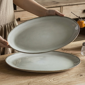简约北欧风椭圆形加厚陶瓷盘高颜值创意鱼盘蒸鱼盘子厨具家用餐具