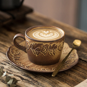吉田成器【一眼就心动】中古做旧感浮雕咖啡杯碟欧式奢华粗陶杯子