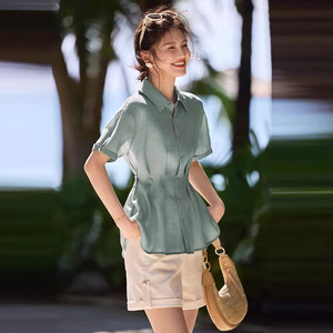 收腰显瘦短袖衬衫女式夏季2024年通勤简约衬衣设计小众天丝上衣