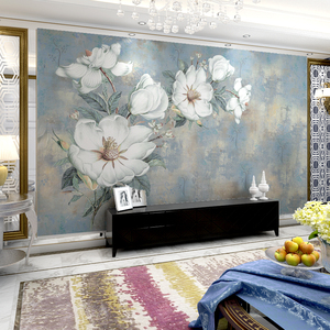 北欧电视背景墙纸美式田园壁纸沙发卧室壁画客厅花卉影视墙布定制