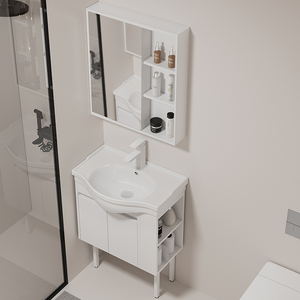 现代简约白智能实木浴室柜组合陶瓷一体盆洗手盆带侧柜马桶置物柜