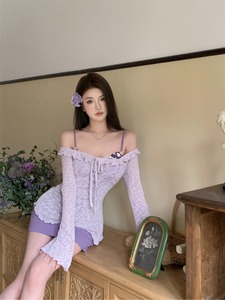 紫色花朵蕾丝花边吊带连衣裙女夏季性感纯欲裙子紧身收腰包臀短裙