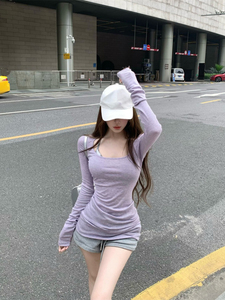 韩版紫色修身圆领长袖正肩T恤女夏季显瘦打底衫薄款休闲防晒上衣