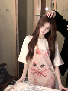 猫咪印花中长款圆领短袖T恤女装夏季宽松休闲韩系甜美设计感上衣