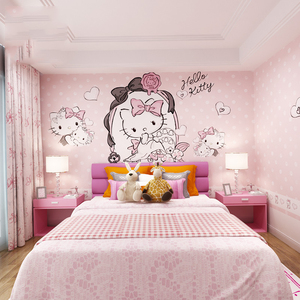 hellokitty粉色女孩房壁纸儿童温馨卧室墙纸卡通凯蒂猫背景墙墙布