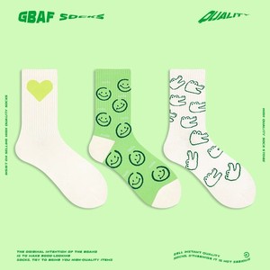 "GBAF"绿色鳄鱼笑脸爱心袜子时尚日系小清新纯棉运动男女中筒袜潮