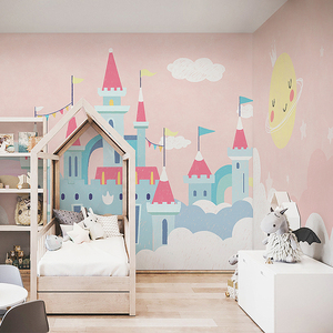 ins粉色女孩儿童房壁纸儿童卧室温馨墙纸卡通背景墙壁画3d公主房