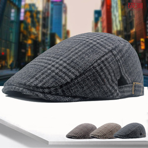 秋冬帽子男格纹贝雷帽中年英伦复古鸭舌帽呢子加厚父亲保暖前进帽