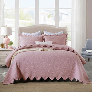 粉色衍缝床盖出口外贸绗缝被三件套夹棉床单防滑衔缝防尘加厚