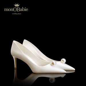 monobabie白色高跟鞋中低跟婚鞋春季女细跟珍珠礼服新娘鞋单鞋