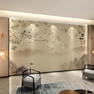 中式电视背景墙壁纸客厅沙发装饰中国风梅花影视墙壁画3d自粘墙布