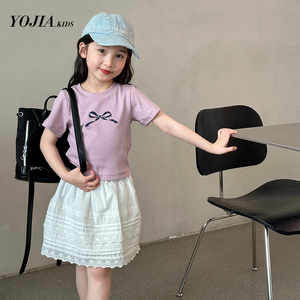 YOJIA女童夏装短袖T恤2024新款韩版修身半袖体恤蝴蝶结儿童上衣