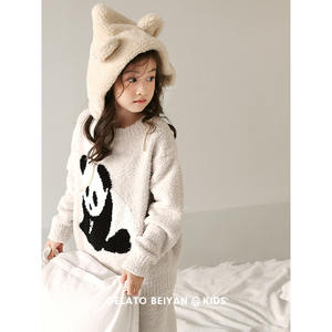 贝妍儿童冬季熊猫可爱睡衣男女童套装珊瑚绒加厚保暖半边绒家居服