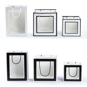 正方形黑白格透明橱窗手提袋礼袋鲜花礼物手拎袋子生日礼品包装袋