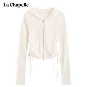 拉夏贝尔LaChapelle连帽长袖针织T恤女短款秋小个子抽绳开衫外套