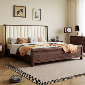 简约北欧黑胡桃木床双人床全实木高箱储物床1.8米真皮软靠背婚床