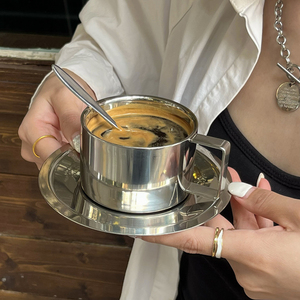 小众ins风不锈钢咖啡杯子下午茶冰美式拿铁咖啡杯碟套装复古精致