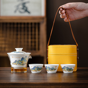 玻璃旅行茶具旅行茶具便携式中式精致羊脂玉茶具茶艺三人户外茶具