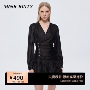 Miss Sixty春秋新款连衣裙女丝绒V领褶皱荷叶边