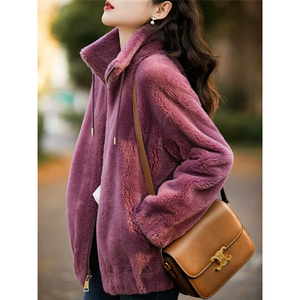紫色羊羔毛外套女2023秋冬新款立领宽松麂皮绒皮毛一体羊剪绒大衣