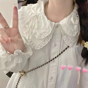 PINKGIRL【双层夹心】日系娃娃领系带衬衫lolit白色花边长袖上衣