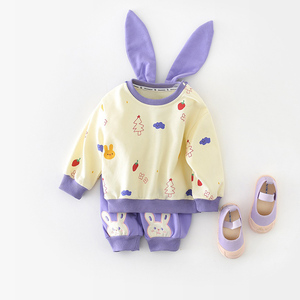 女童套装春装女宝宝卡通洋气两件套女宝卫衣春季婴儿衣服紫色兔子